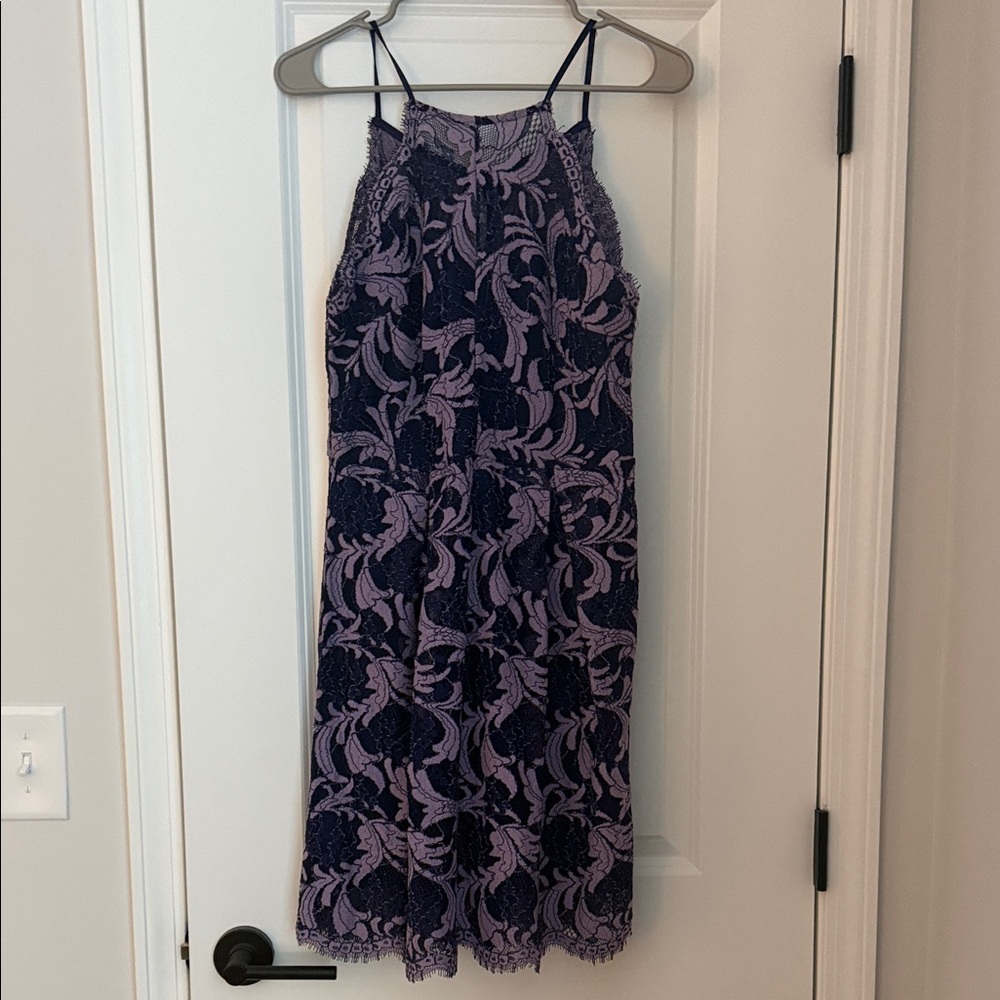 Lace Overlay Spaghetti Halter Dress in Navy and Lavender
